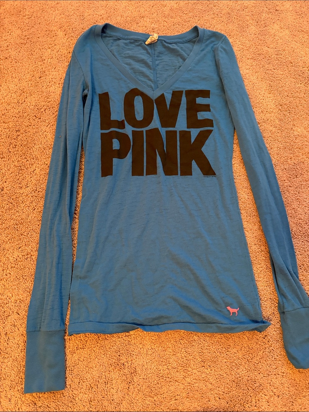 PINK Victoria's Secret Blue Long-Sleeve V-Neck Tee with Black Graphic